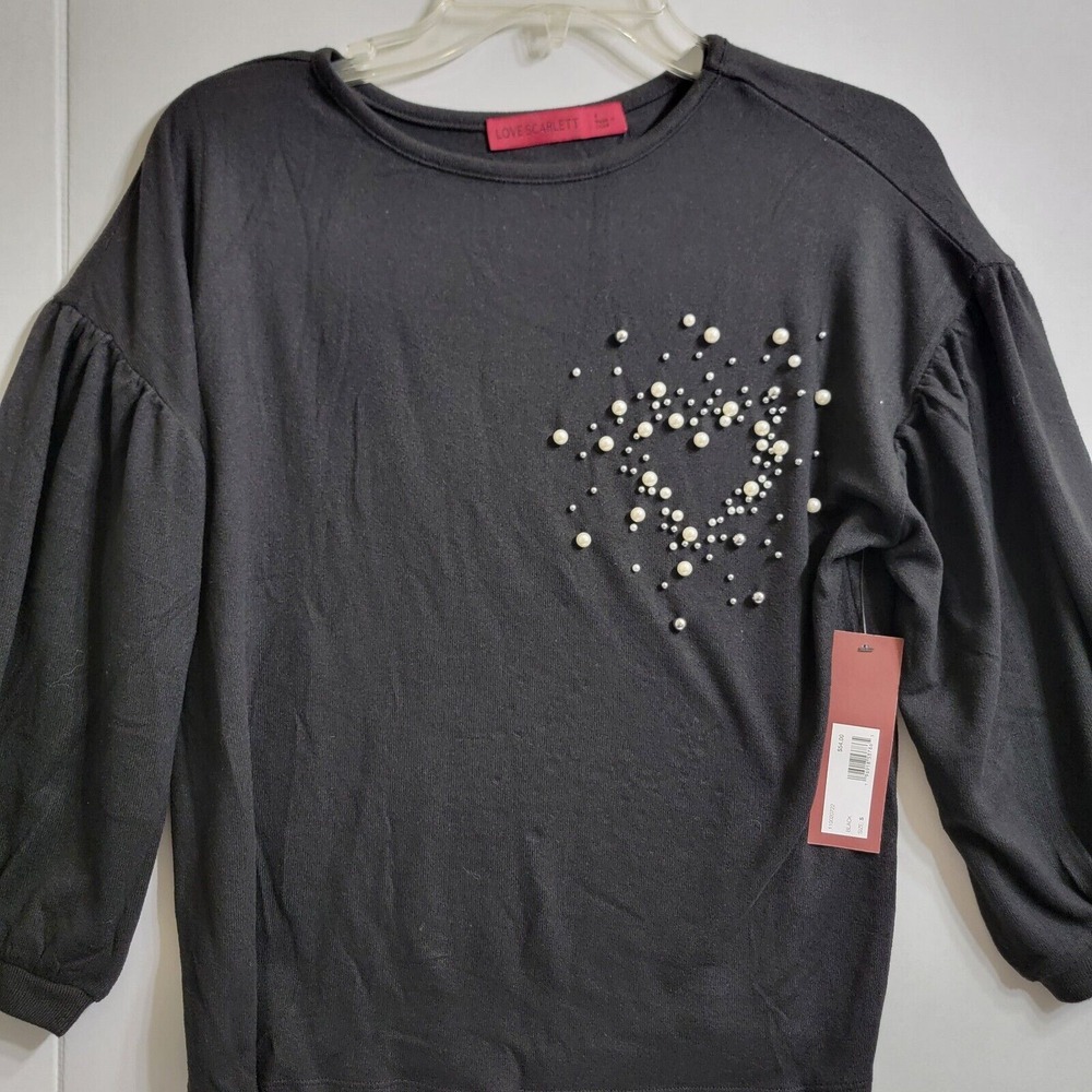 Love Scarlett Black Bell Sleeve Top Sz S Love Embellished Pearls Valentine's NWT